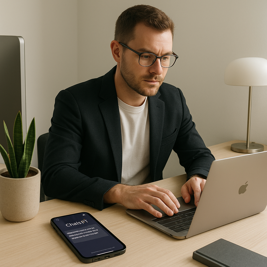 Man using a laptop with a smartphone displaying 'ChatGPT' on a desk.