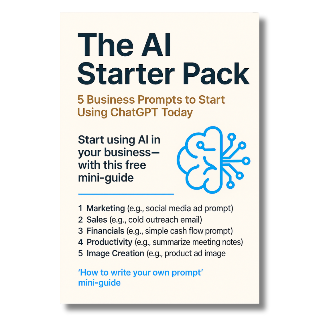 Cover of 'The AI Starter Pack' with text and a brain icon on a light background